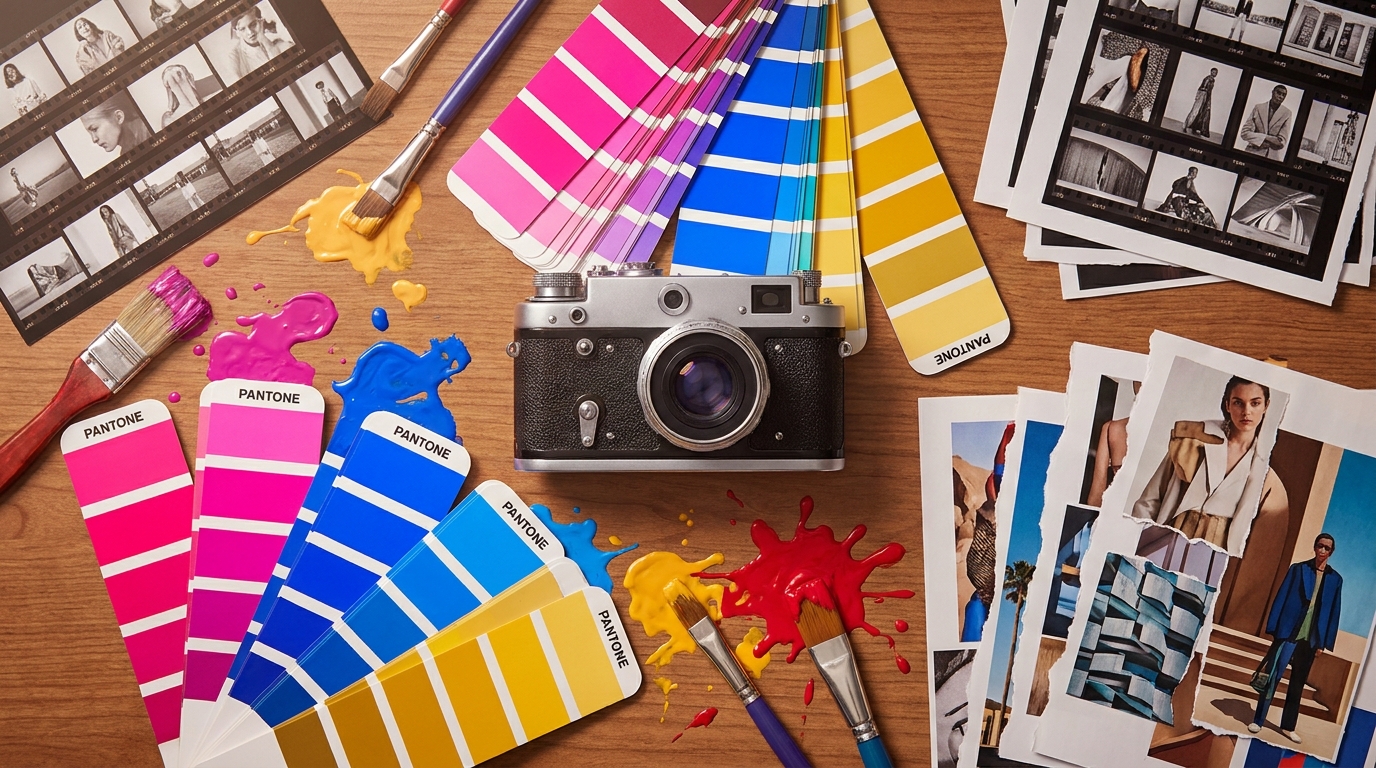 Four visual content types side by side, product photo, video frame, campaign graphic and infographic